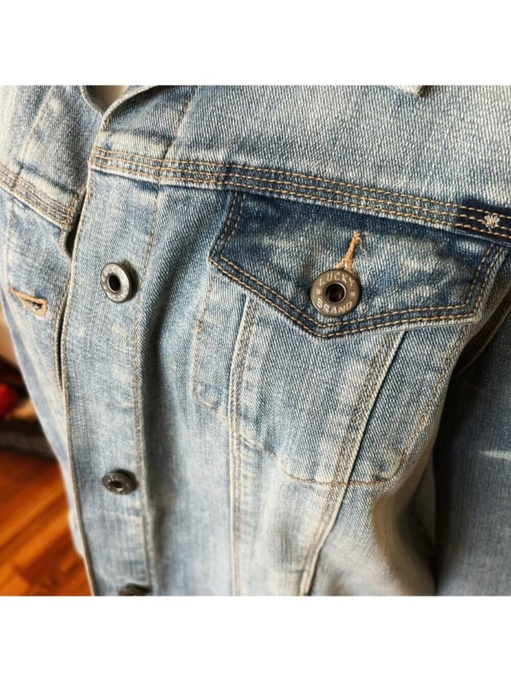 Boho Country Patchwork Denim Jacket Women Sz L Concert Trucker Western Rare - Picture 5 of 12